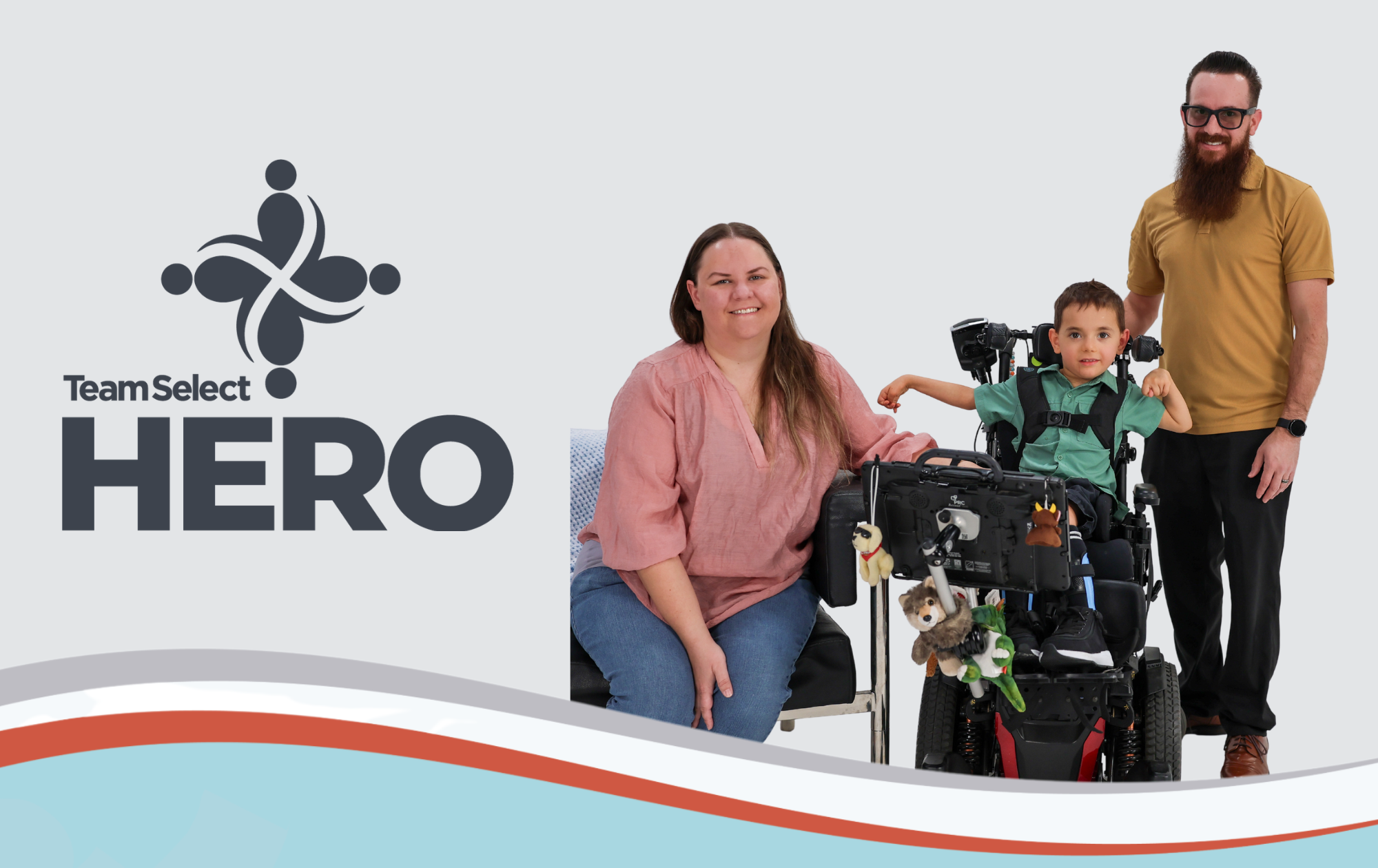 TeamSelect HERO banner: smiling woman beside a boy in a wheelchair with a man standing behind them; logo on the left.
