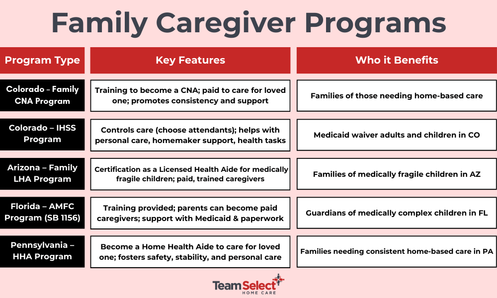 An infographic by team select giving information on different family caregiver programs 