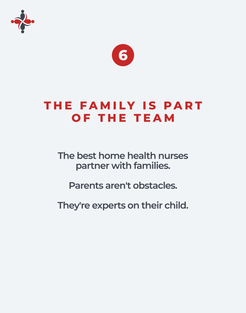 Home health nurse working with a patient’s family as part of the care team during an in-home nursing assignment.