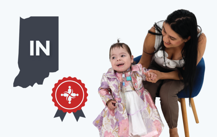Indiana state silhouette with 'IN', a red award ribbon, and a smiling toddler in a floral dress beside a caregiver to the right.