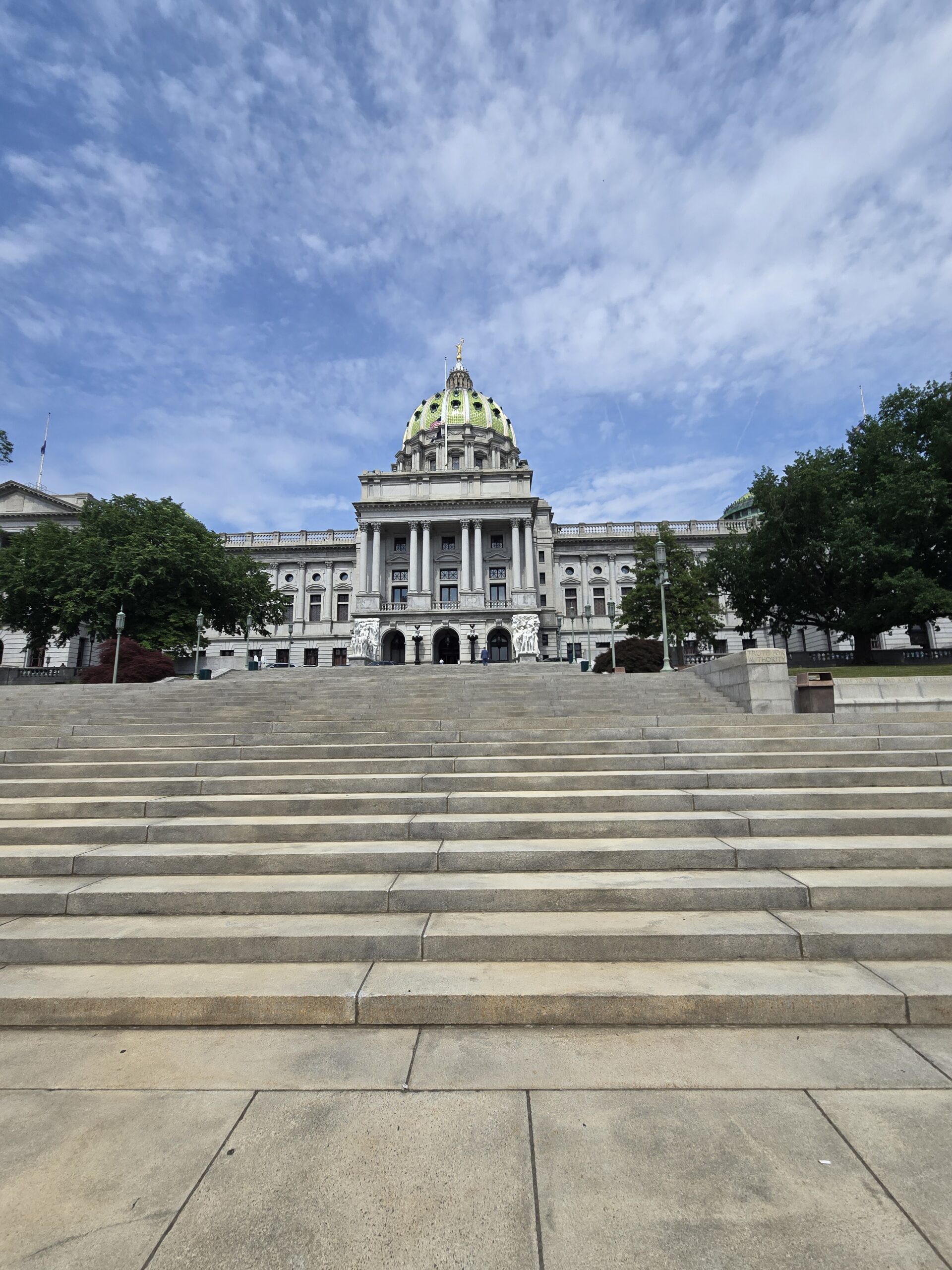Front view of a grand historic building with a green-domed roof, columns, and a broad flight of stone steps, framed by trees for the Pennsylvania HB 2164