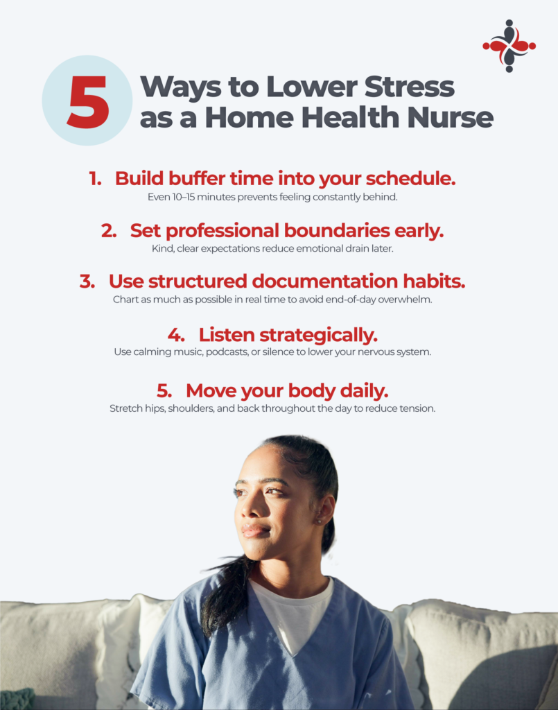 5 ways to lower stress as a home health nurse including buffer time, professional boundaries, documentation habits, calming audio, and daily movement.