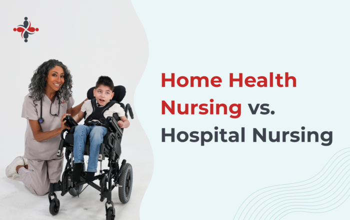 Nurse kneeling beside a smiling child in a wheelchair, against a light background with a logo on the left and bold title text on the right: 'Home Health Nursing vs. Hospital Nursing'