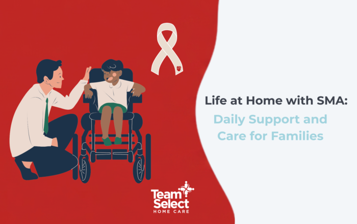 Caregiver kneels beside a child in a wheelchair on a red background with a white SMA awareness ribbon and program title text on the right side.
