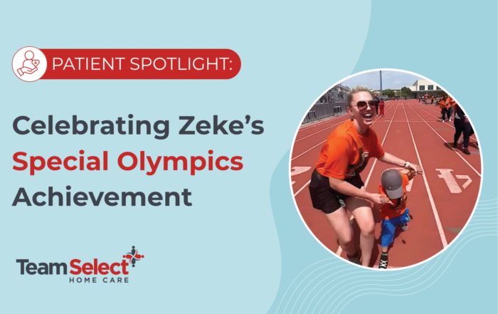 Patient Spotlight: celebrating Zeke's Special Olympics achievement with a group photo on a track field graphic backdrop.