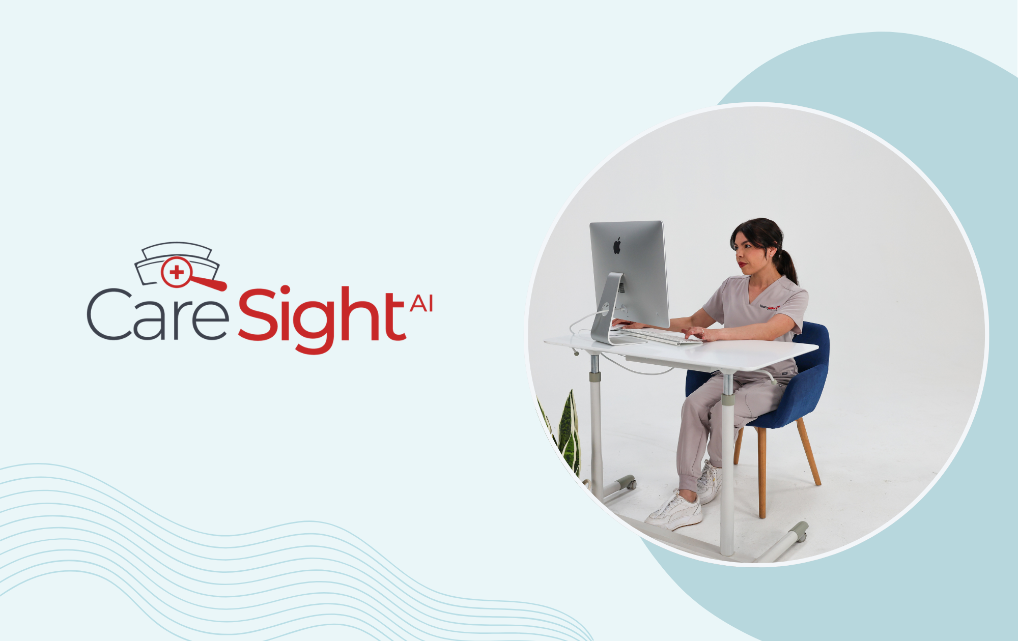 CareSight AI logo on the left with a healthcare professional at a computer inside a circular window on a pale blue background.
