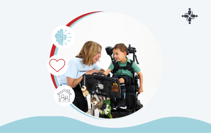 Caretaker smiling at a child in a wheelchair, surrounded by decorative circular icons and shapes.